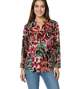 Zac & Rachel Womens Split Neck Popover Blouse Earthy Floral Tab Sleeves XL